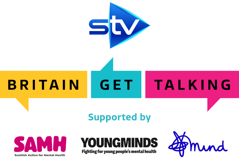 The STV logo sits on top of Britain Get Talking logo. Underneath it says 'supported by Scottish Action for Mental Health, YoungMinds and Mind' alongside their charity logos.
